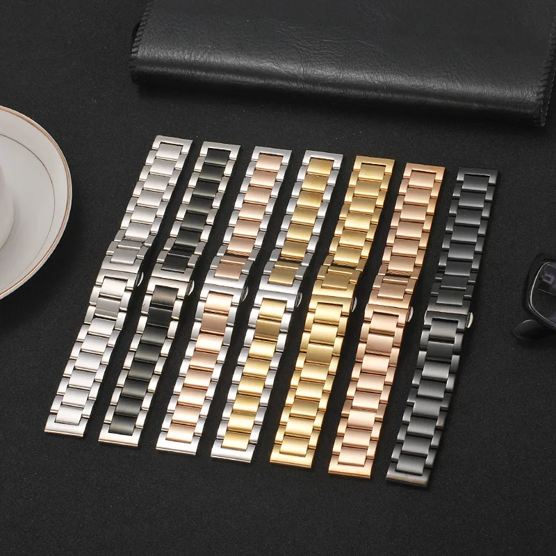 Universal Brand Watch Accessories Glossy Strap Stainless Steel Quick Release Strap Three Bead Steel StrapFlat EndButterfly clasp