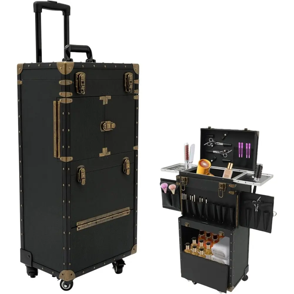 

YIYIONCE Hair Stylist Travel Case Punk Style Rolling Makeup Train Case Cosmetology Case on Wheels Hairdressing Trolley with 2 Pa