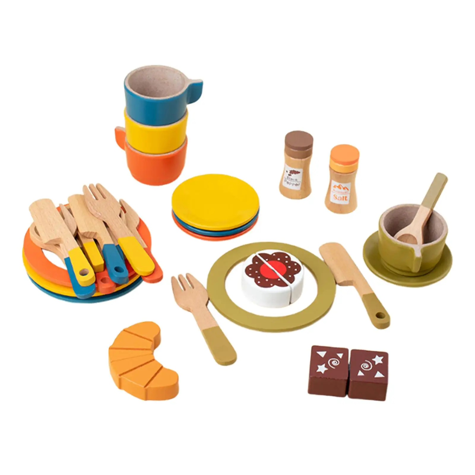 Platos y platos de madera para jugar, cucharas, regalo educativo de cumpleaños, juego de cocina, accesorios para juegos de rol, juego de platos y cubiertos