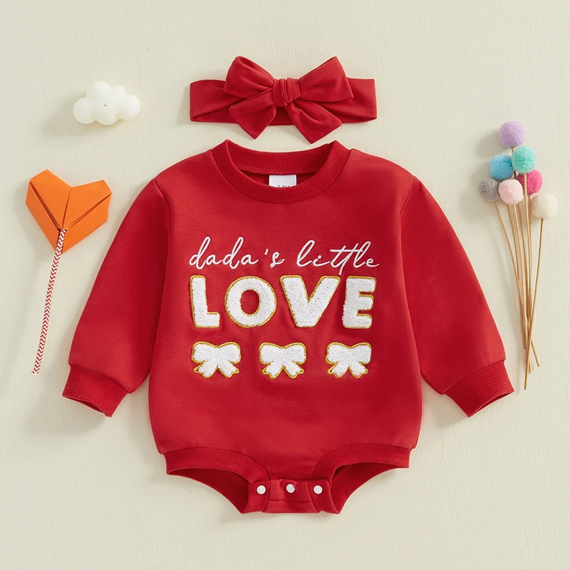 

Newborn Baby Girls Rompers Valentine's Day Clothes Lovely Bowknot Letter Embroidery Long Sleeve Sweatshirts Romper with Headband