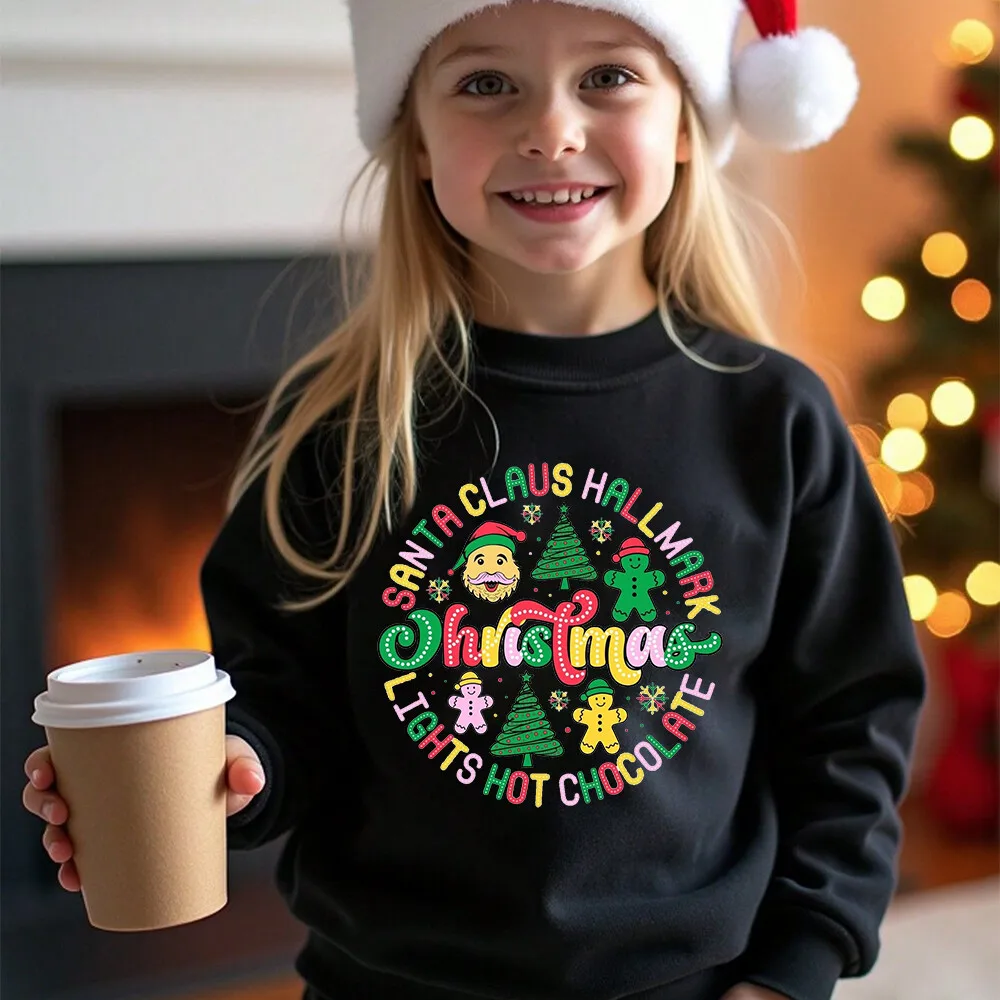 سانتا كلوز Hallmark أضواء الساخن الشوكول أكل طباعة الاطفال البلوز الطفل عيد الميلاد هوديي القمم عيد الميلاد المشاعر سترة الأطفال الزي #1