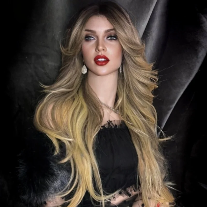 

Длинный парик с объемной волной, блондинка с омбре, синтетический парик спереди, предварительно выщипанные парики, термостойкое волокно для повседневной вечеринки