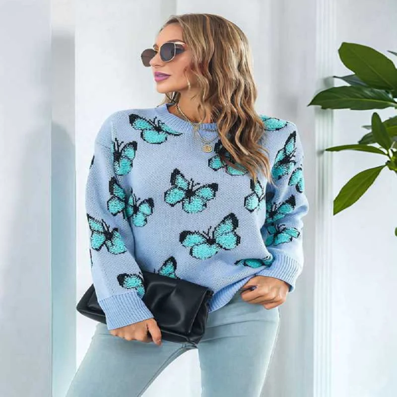 Y2k فراشة الجاكار المرأة سترة الخريف الشتاء عالية Stree موضة الدافئة تريكو ملابس نسائية غير رسمية فضفاضة البلوز القمم