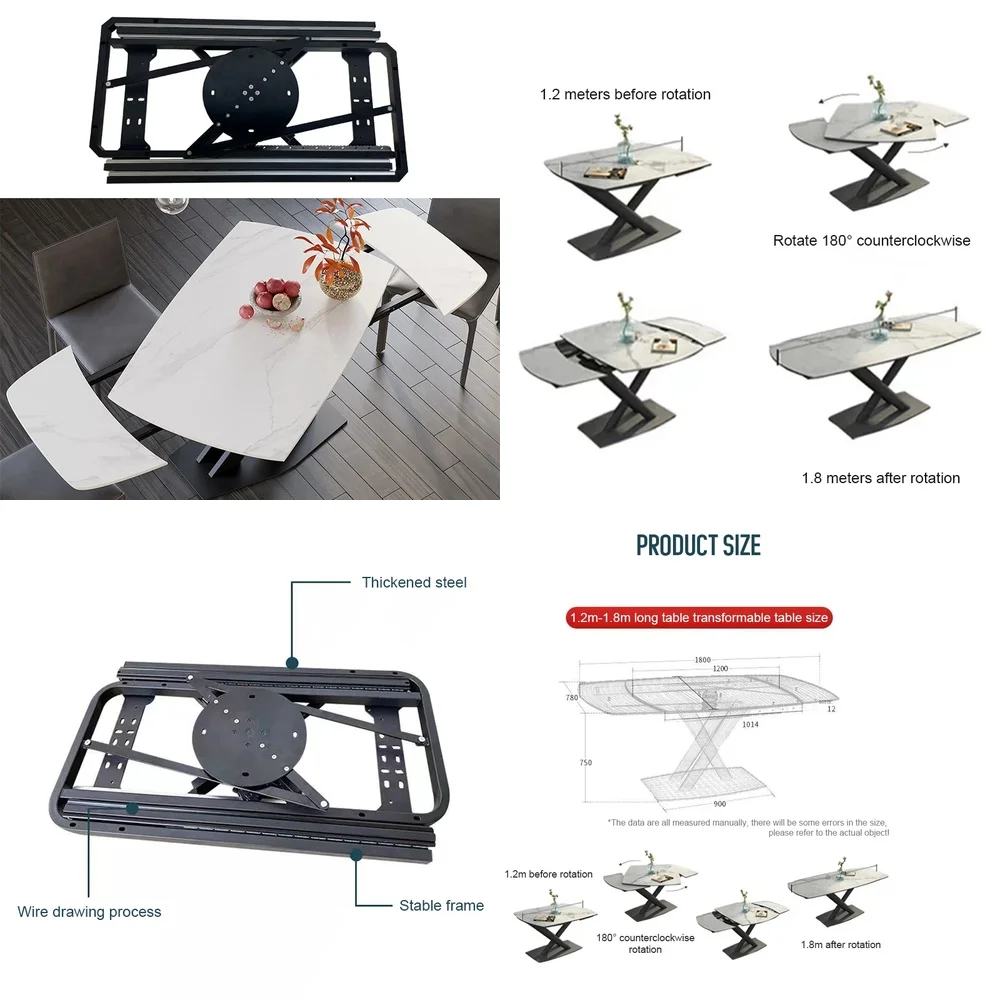 2026 hot sell Modern Set Parts Rectangle Steel Automatic Black Transform Circle Ceramic Folding Solid Room Round Extendable Dini