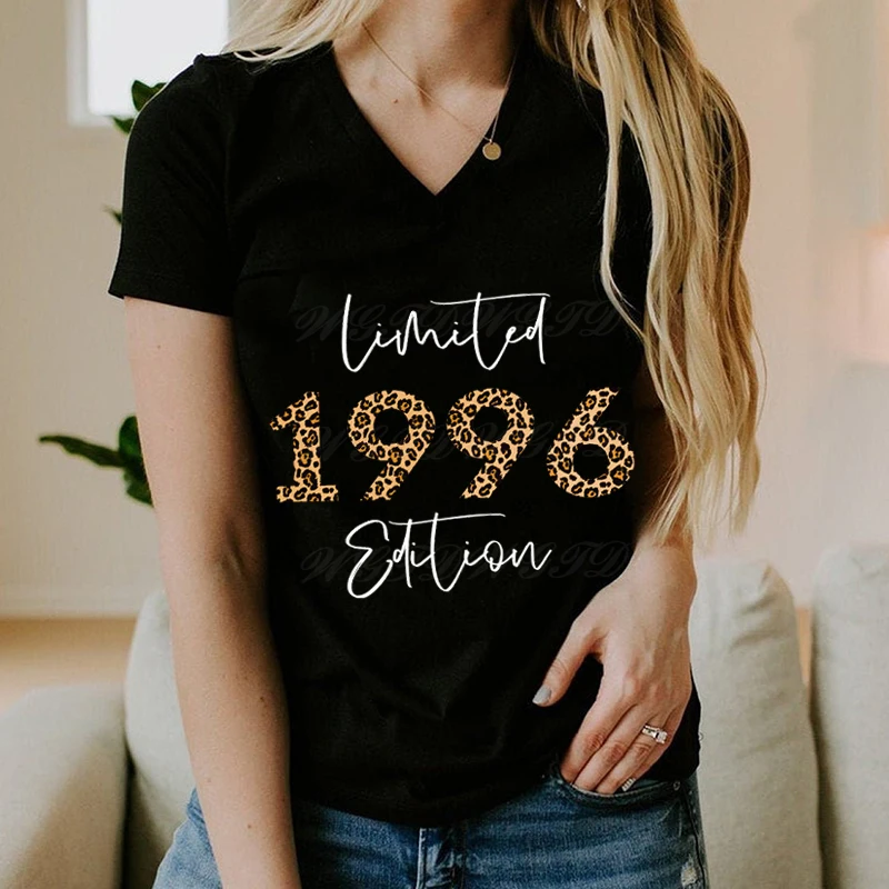 

Leopard 1996 Shirts for Women 29th Birthday Party V-neck Short Sleeve T-shirt 1990 To 1999 Limited Edition Retro Summer Clothes