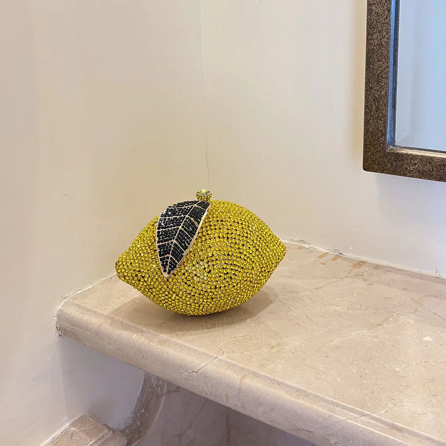 metal full diamond lemon clutchblack diamond leaf fresh eye-catching party vacation niche personality messenger bag
