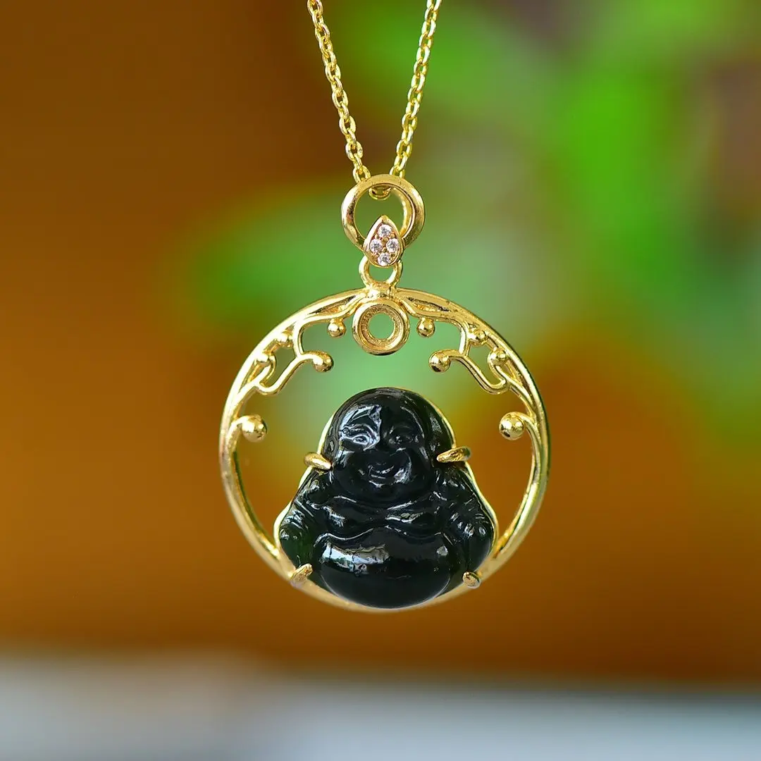 Copper Inlaid Hetian Jade Sapphire Buddha Pendant