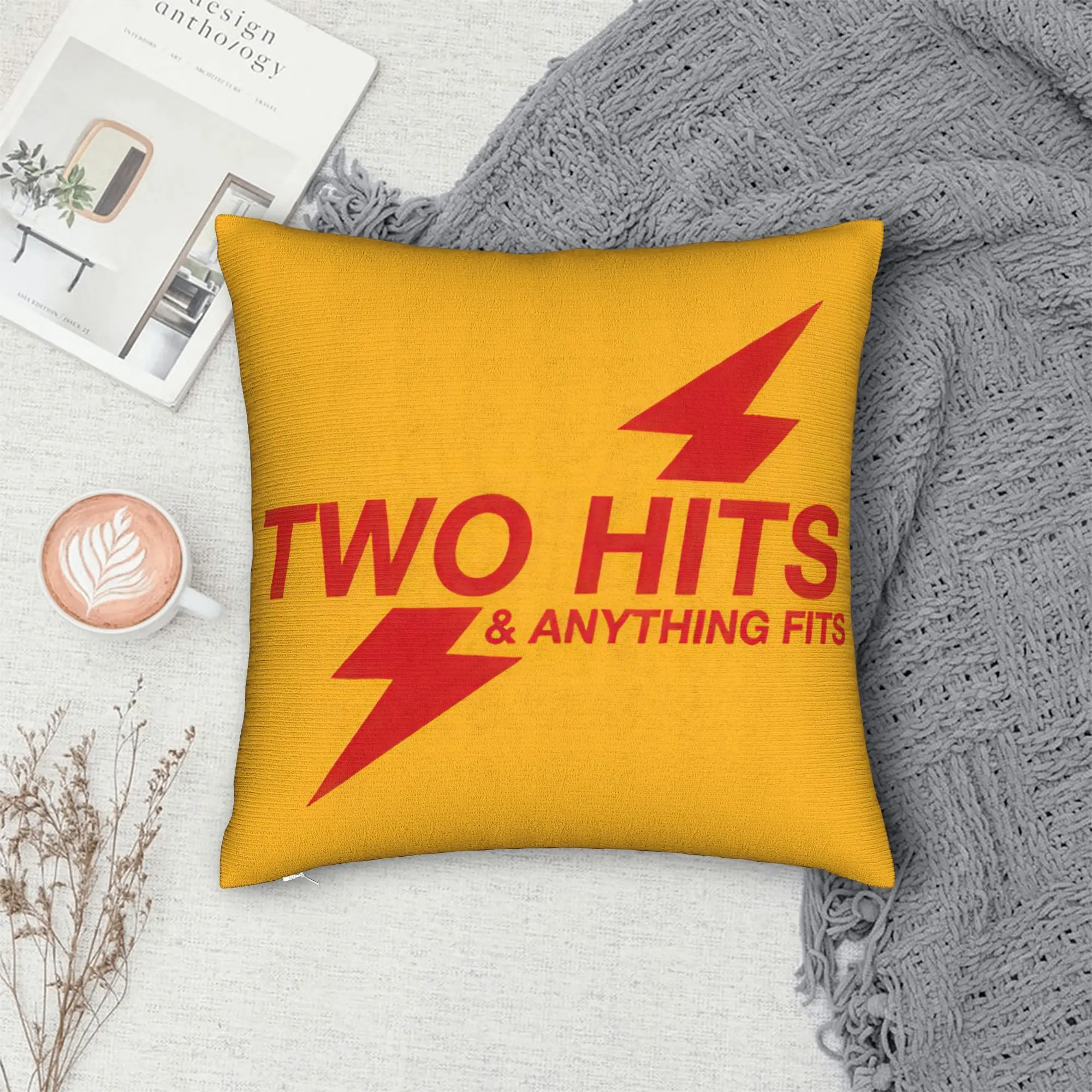 Yellow Vintage Two Hits Pillow Case, Retro Lightning Bolt Cushion Cover, Funny Slogan Decor for Sofa Bedroom Living Room
