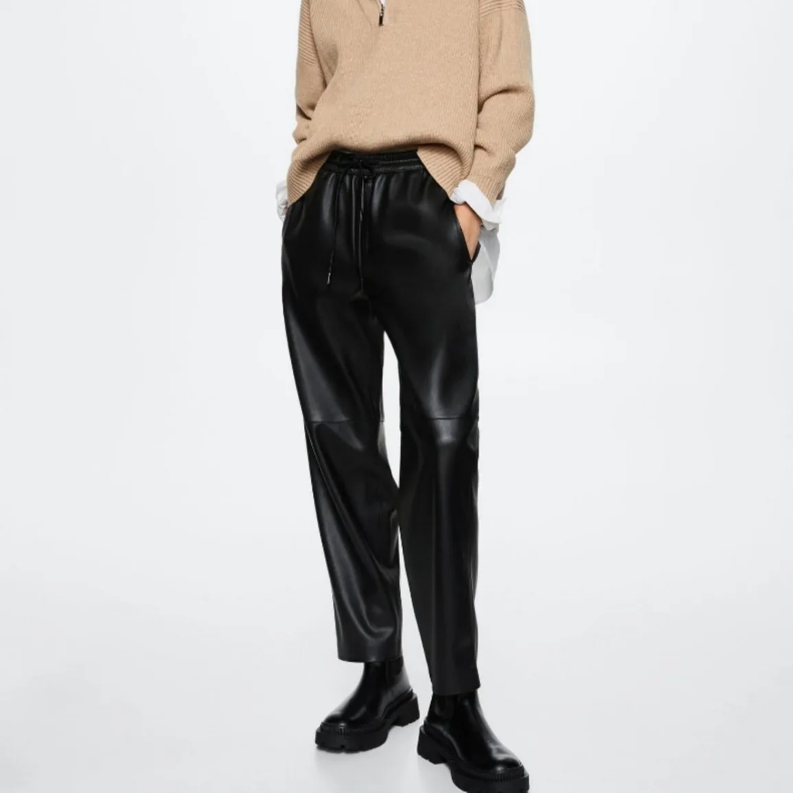 

2024 Women Autumn and Winter New Genuine Leather Pants Drawstring Elastic Waist Casual Sheepskin Pint Pants E20