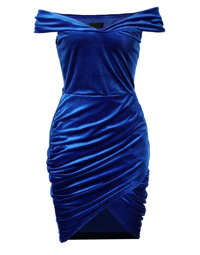 Elegante Damesjurken 2024 Luxe Een Schouder Korte Mouw Hoge Taille Sexy Rimpel Bodycon Jurk Fluwelen Ruches Feestjurk