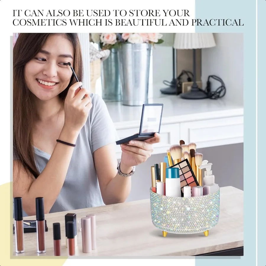 منظم مكتب فضي بلينغ لإكسسوارات المكتب للنساء والفتيات هدية عيد ميلاد الأم وحامل قلم بلينغ وحجر الراين للمكياج Br