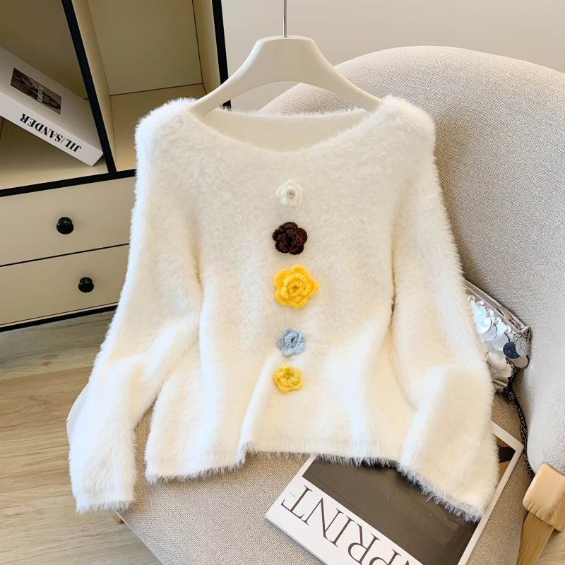 

Women's White Pullover Sweater Vintage 2000s Y2k Korean Long Sleeves 3D Floral Mink Cashmere Cropped Sweater Autumn Clothes 2025