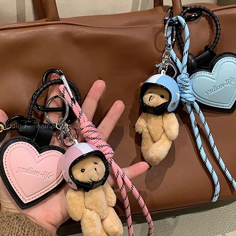 Cute Helmet Bear Pendant DIY Personality Car Key Chain Decoration Charm Woven Rope Hanging Mobile Phone Key Ring Bag Accessories