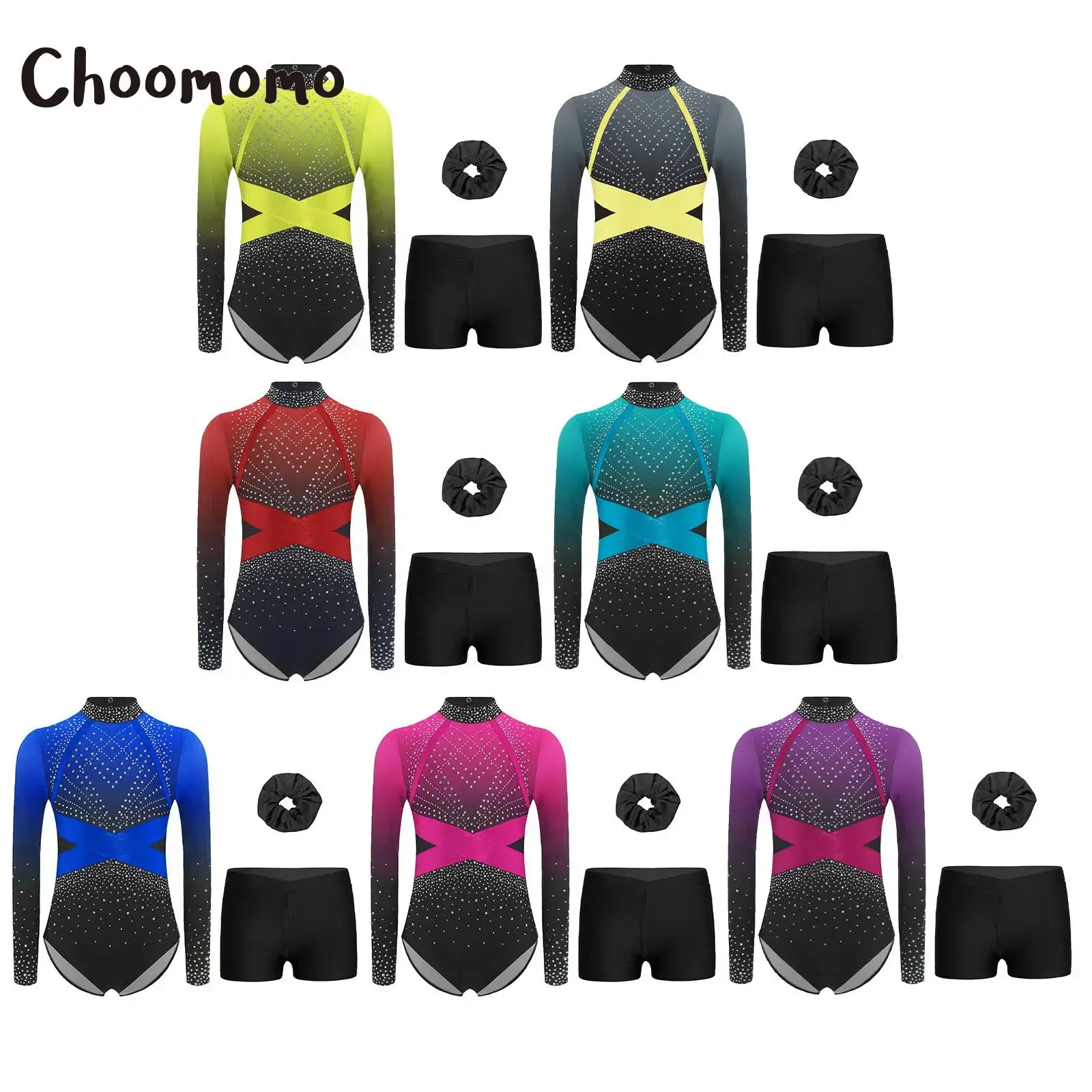 

Teen Girls Long Sleeve Ballet Dance Outfit Rhinestone Gymnastic Leotard Jumpsuit with Shorts Hairband Skating Yoga Unitard Suits