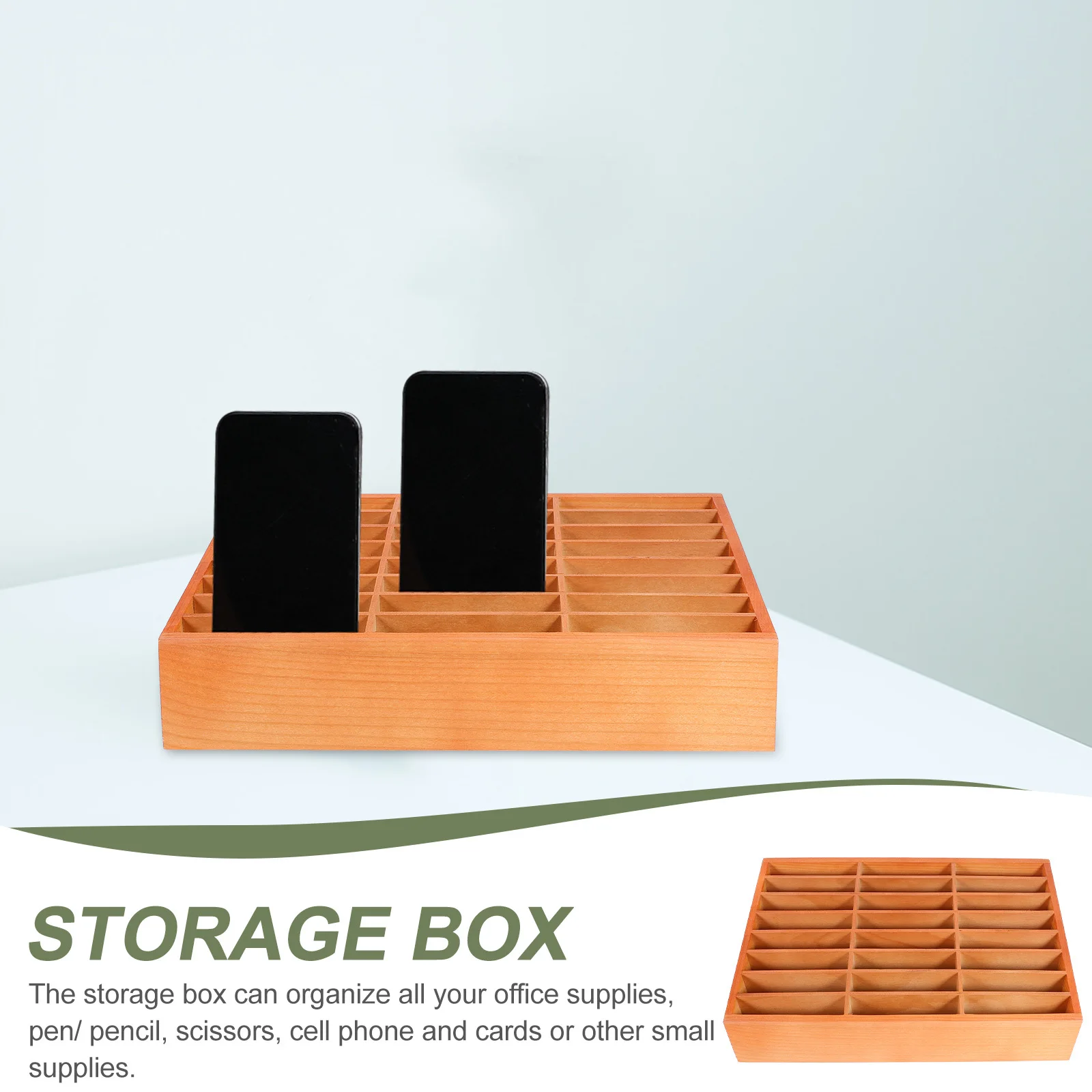 صندوق تخزين الهاتف الخليوي سطح المكتب الخشب المنظم مقصورات متعددة قلم رصاص الهواتف المحمولة عن بعد مقص آلة حاسبة USB