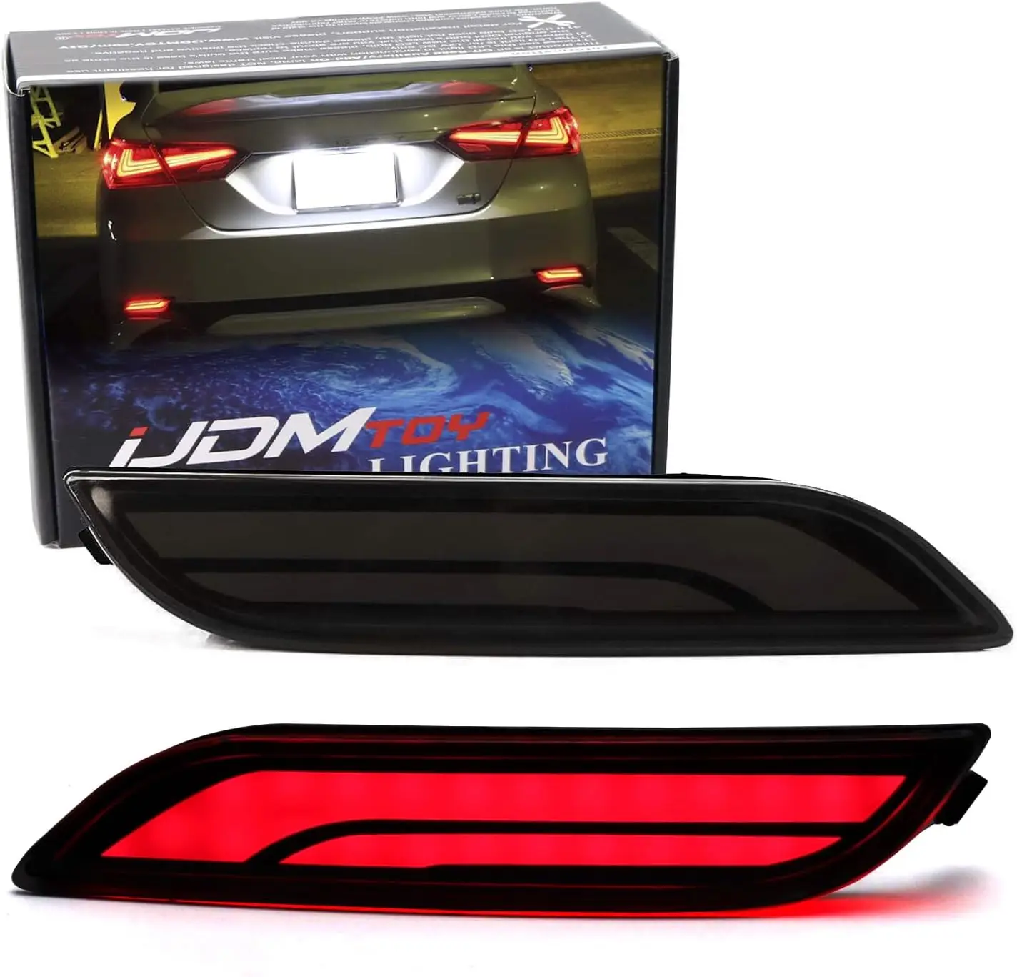 

Темно-дымчатые светодиодные отражатели бампера для Toyota Camry 2018+ — хвост, тормоз, задний противотуман