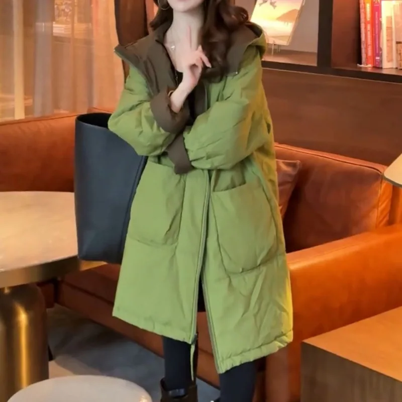 

2025 Retro Temperament Casual Loose Solid Color Medium Long Hooded Cotton Jacket Women's Winter Thick Cotton Jacket Assault Jack
