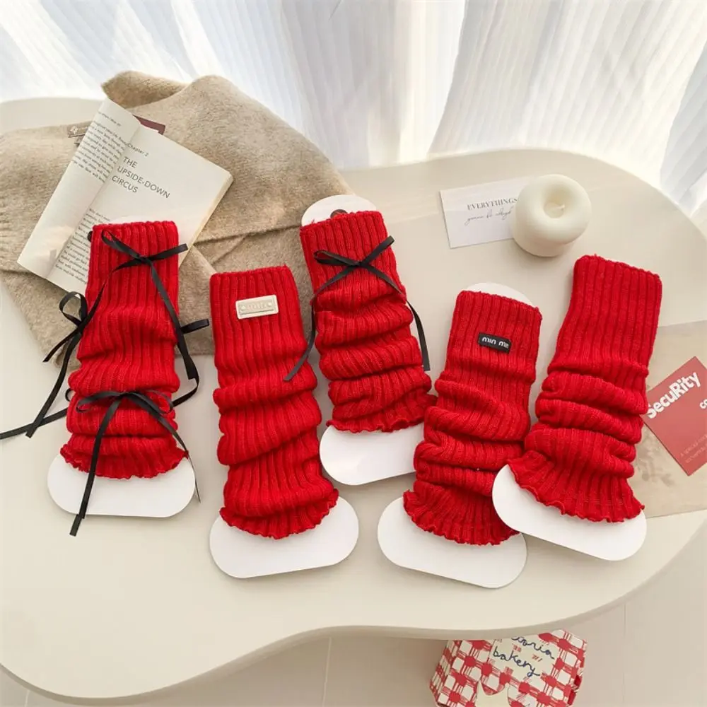 Fashion Japanese New Year Red Socks Lolita Y2k Christmas Knee Socks Ballet Warm Bow Knitted Leg Socks Boot Cuffs