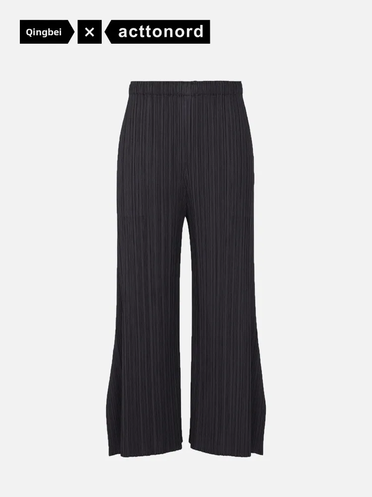 

Acttonord Folded Series Wide Leg Pants Nine Points Loose Fit Asymmetrical Versatile Casual High Waist Elastic Polyester