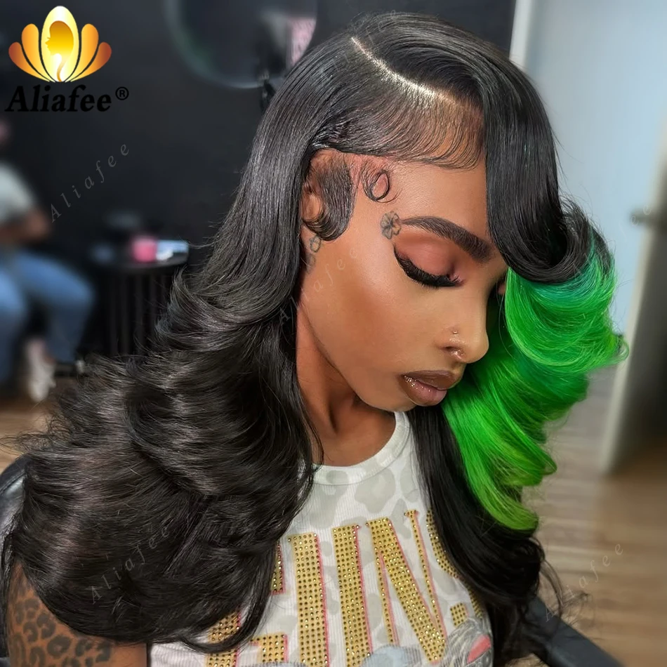 Real Human Hair Bob Body Wave Wig 1B Black With Bright Green Highlight 13x4 Transparent Lace Frontal Bouncy Bob Trendy Style Wig