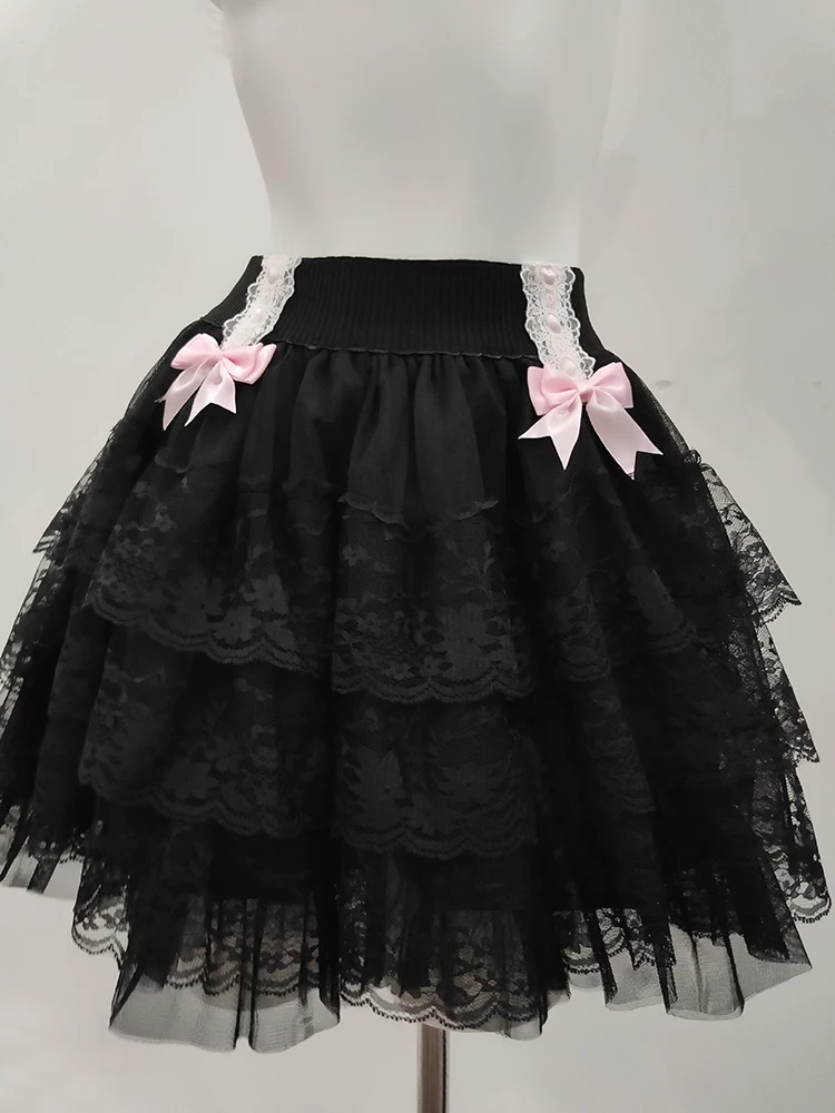 Pink Skirts for Sweet Girls Summer Bows Decoration Elastic Waist Lolita Style Multilayered Lace Skirt Kawaii Clothes