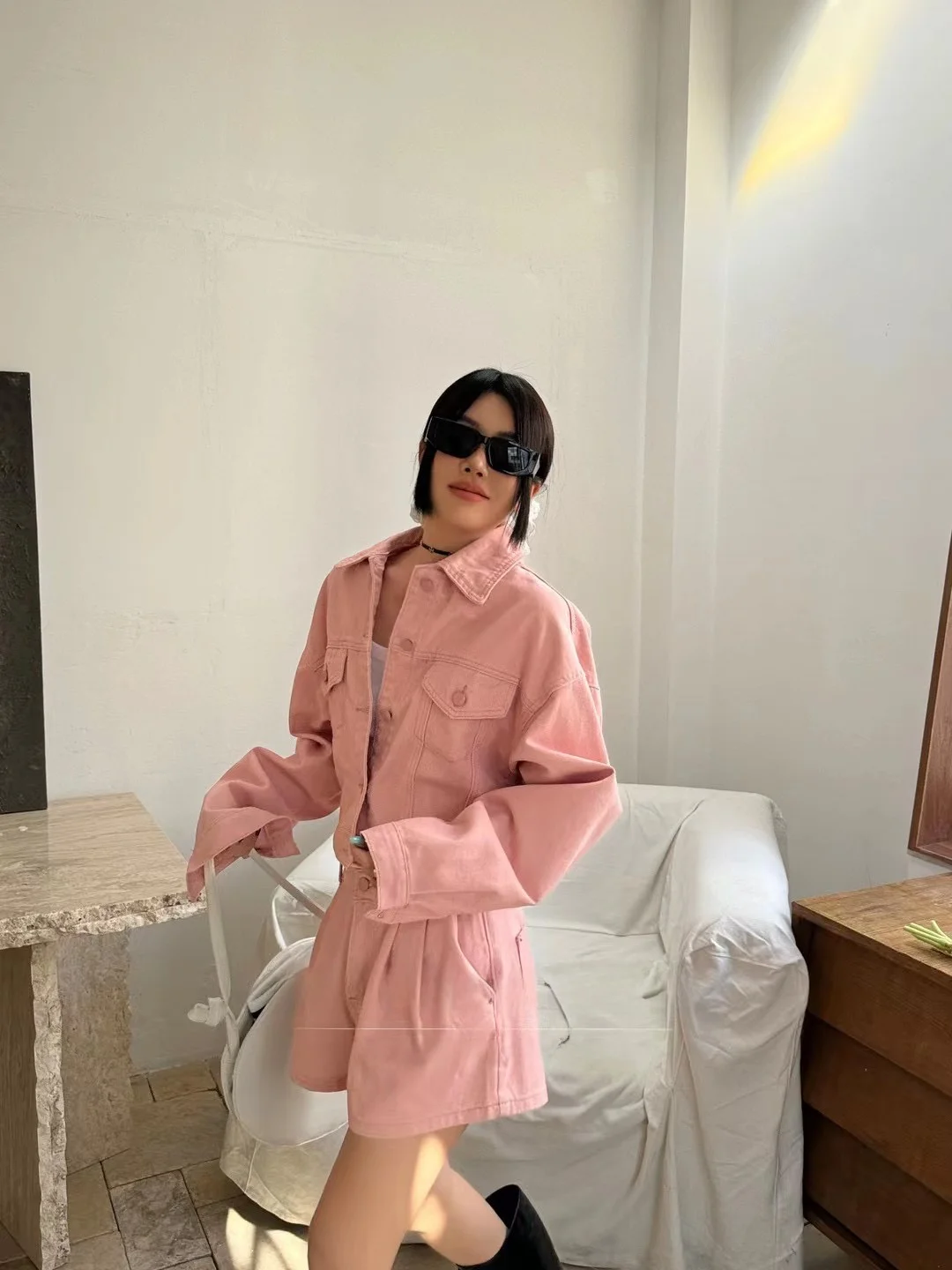 

Faionable Pink Denim Set Women's Autumn Spring New Vintage ort Jaet Slimming Two-Piece Suit Cotton Long Sve Button up