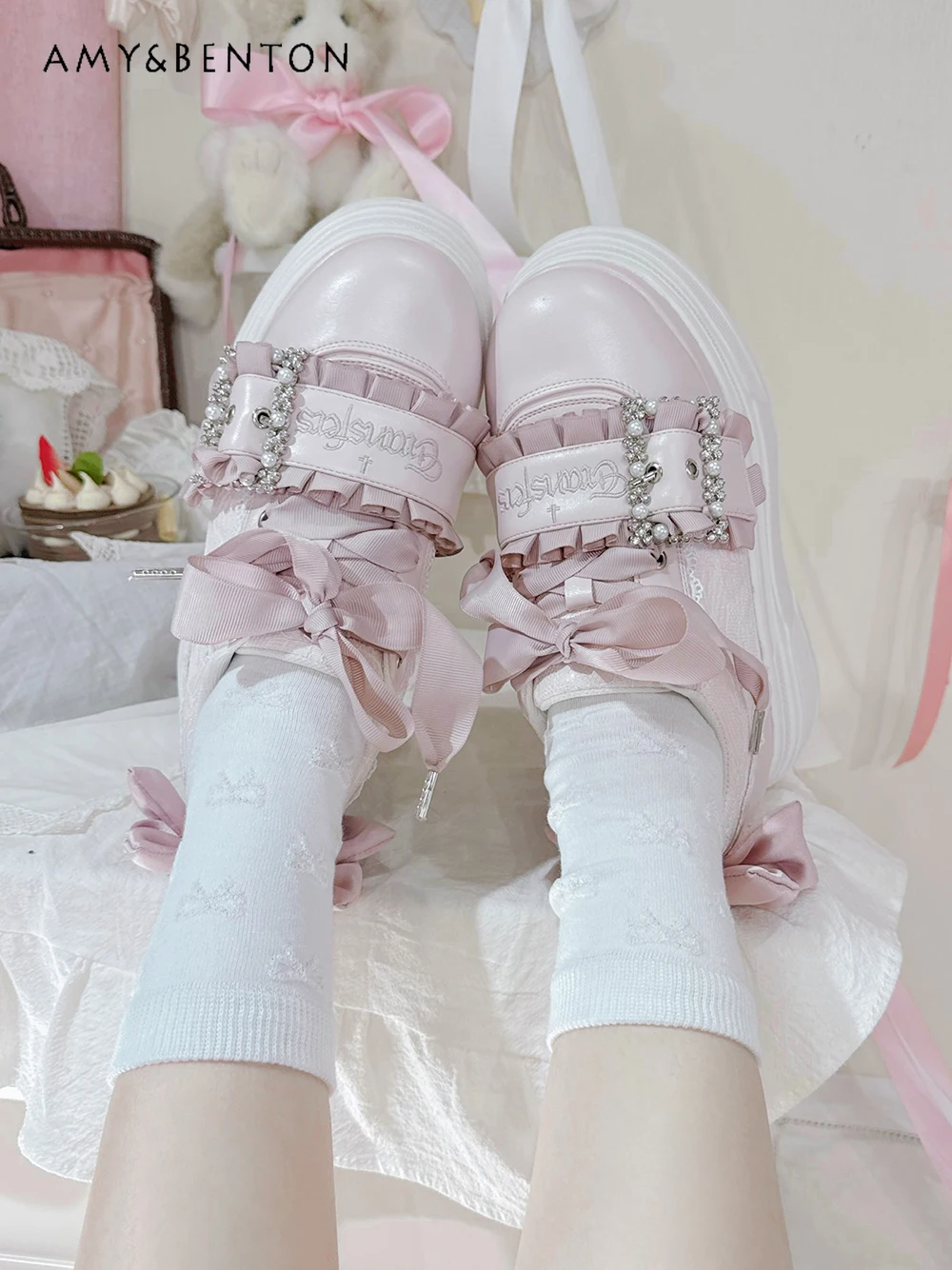 

Original Mine Series Mass-produced Muffin Shoes Japanese Sweet Girl Platform Shoes Cute Rhinestone Beads Lace-up High Heels