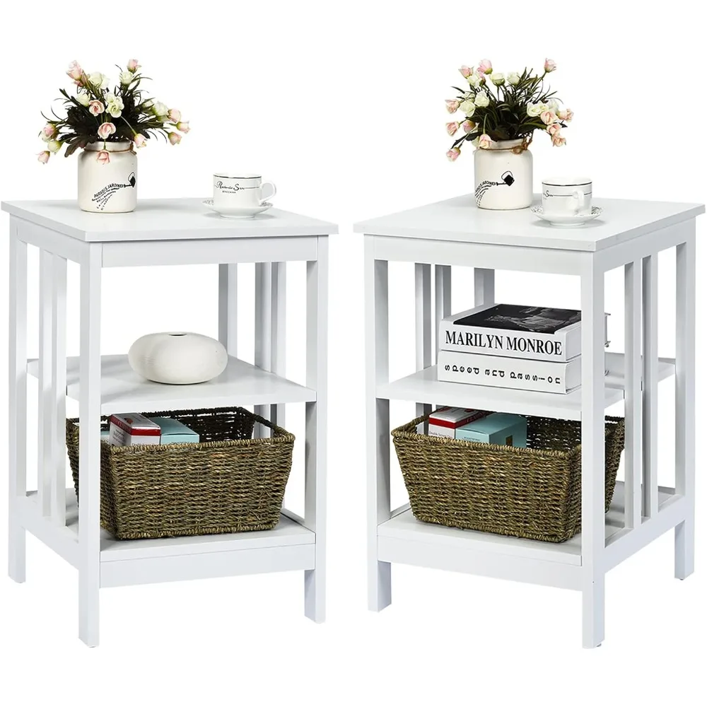 

two-piece wooden 3-shelf nightstand set with stable construction, ideal for sofa side and bedroom use
