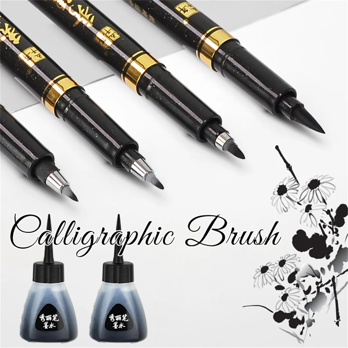 Imagem -03 - Japão Caligrafia Brush Pen Grupo Grosso Médio Pequeno Ultra-fine Ponta de Feltro Preto Estilo Marcadores Rotulador Case 4pc Lot