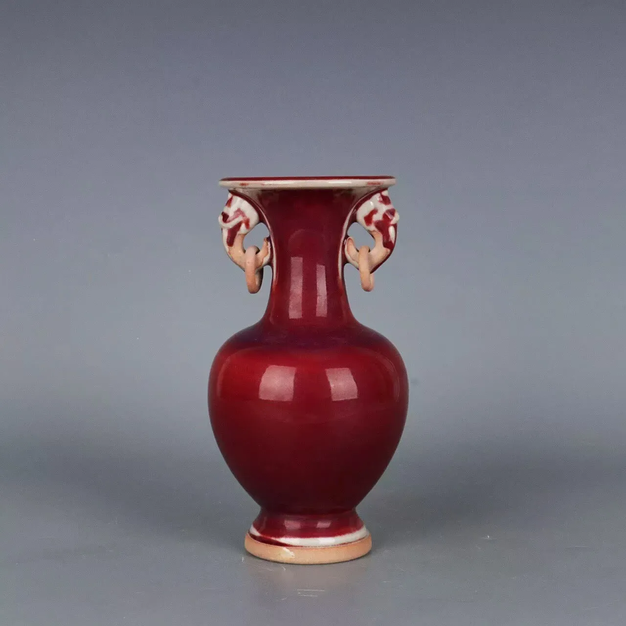Chinese Red Glaze Porcelain Vase Song Jun Kiln Binaural Shape 8.66 inch