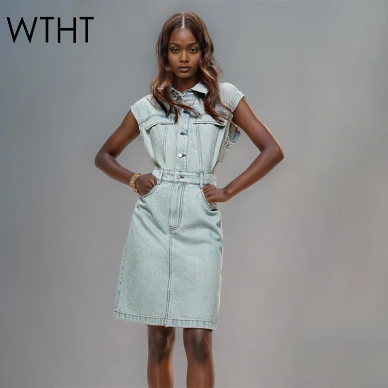 

WTHT Fashion Women's Pockets Hollow Out Patchwork Solid Color Dress Vintage Sleeveless Lapel Dresses Female 2025 Summer 1LS1880
