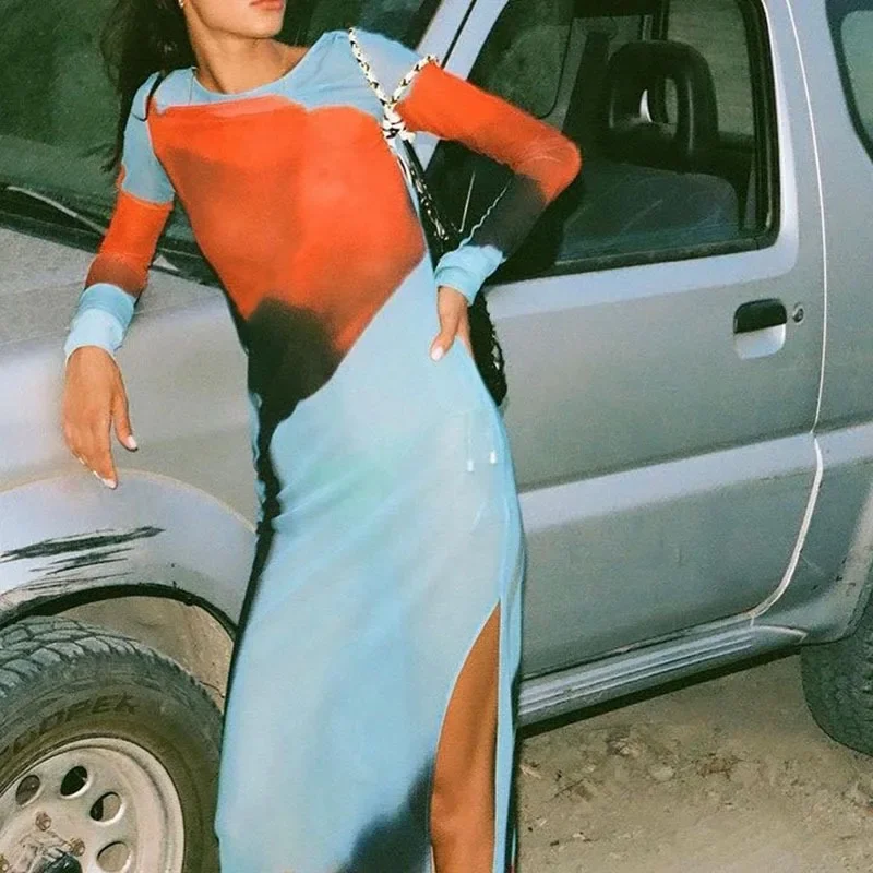 Sexy Damen Slim Fit Langes Kleid Cover-Ups Sheer Mesh Langarm Blumendruck Strandkleid Sommer Side Split Bohemian Cover-Ups