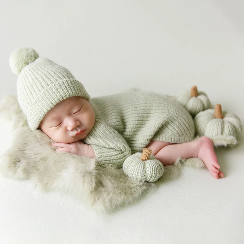 Newborn Photography Clothing Knitted Hat+Jumpsuits 2pcs/Set Handmade Knitted Pumpkin Shooting Props Studio Photo Accessories