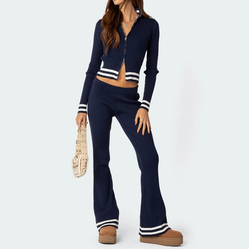 

Y2k Vintage Outfits Set Women Two Piece Knitted Long Sleeve Zipper Cropped Jacket Top High Waist Trousers Pants Casual Tracksuit