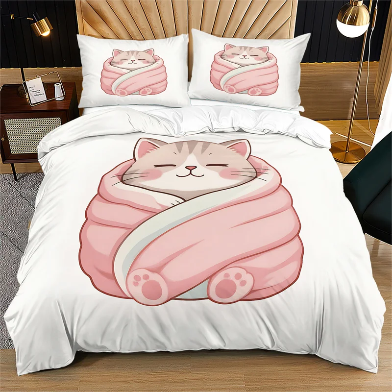 Kawaii Cat Print Duvet Cover Set Cute Sleepy Cat Wrapped In Blanket Bedding Set Cozy Soft Quilt Cover Set For Bedroom Home Decor