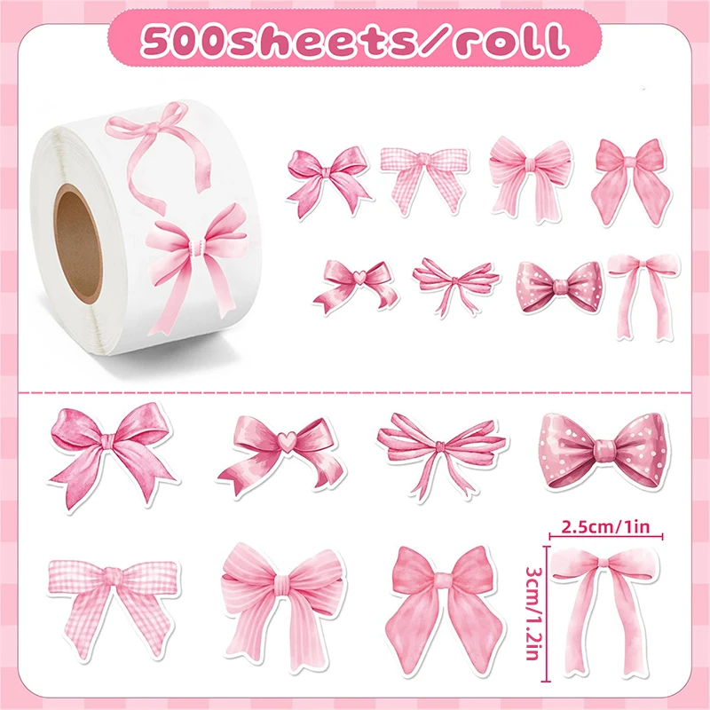 500Pcs 1.2*1in Pink Bow Various Styles Gift Thank You Packaging Stickers Bow Decoration Stickers Gift Box Sealing Label Stickers Envelope Sealing Stickers Greeting Card Packaging Decoration Stickers Teacher School Reward Stickers