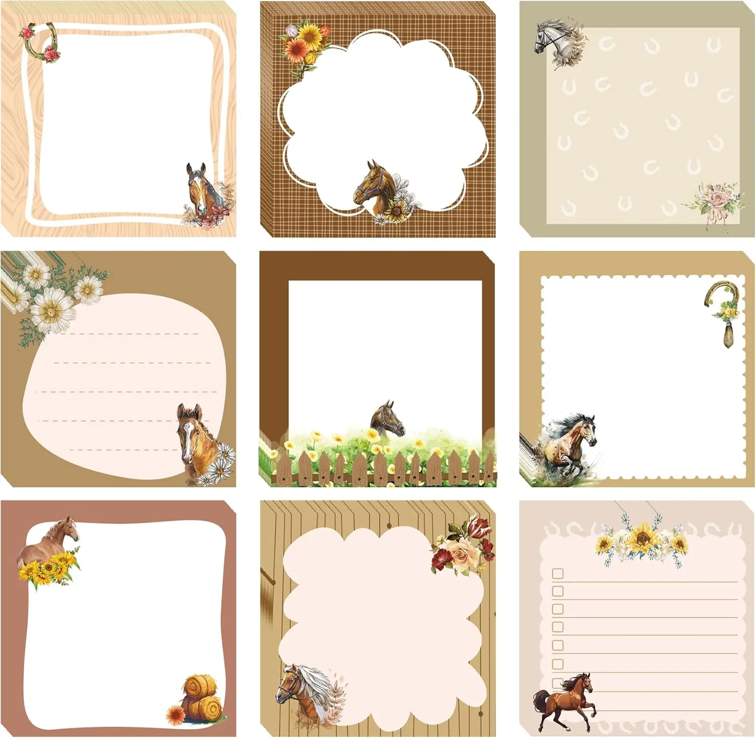 

Набор липких заметок с лошадью 2,95 x 2,95 дюйма, самоклеящиеся подушечки с изображением животных и цветов, набор памятных подушечек с изображением лошади, тематические подушечки для списков дел на тему животных