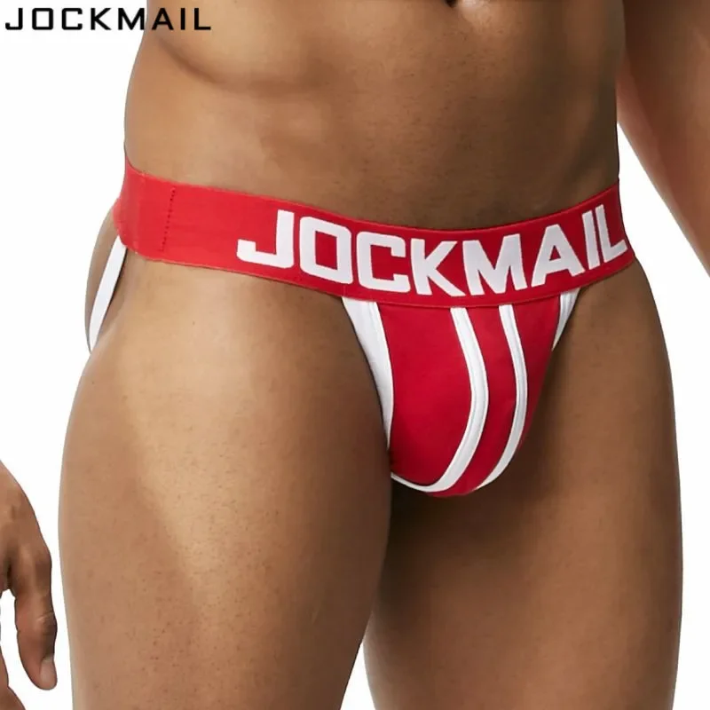 JOCKMAIL Brand Sexy Men\'s Jockstraps Gay Jocks Cotton Low Rise Thongs Gay Underwear Double pipe G Strings Brief Bikini Backless