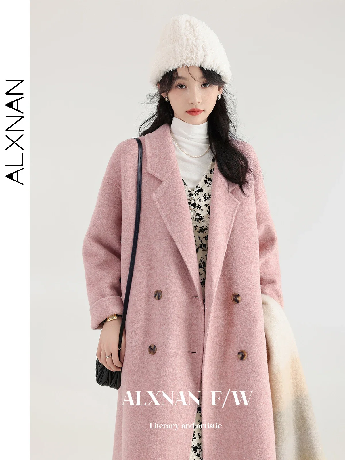 

ALXNAN Women New in Outerwears 2024 Winter Warm Long Wool Blend Coats Notched Collar Double Faced Woolen Overcoat LXN277138