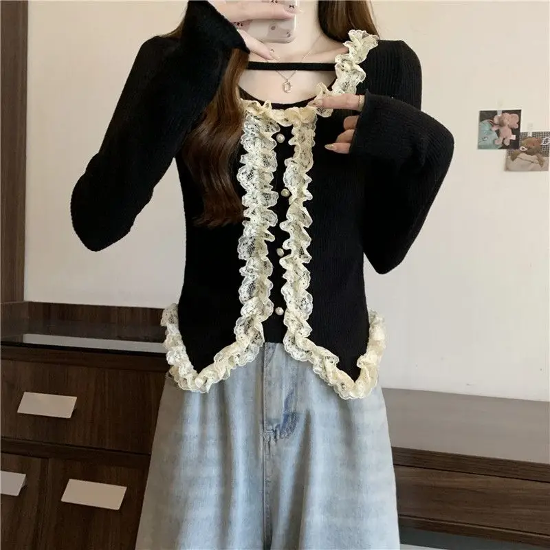 French Spring and Autumn Women\'s 2024 New Splicing Square Collar Embroidered Flares Slim Lace Casual Long Sleeve Knitted Tops