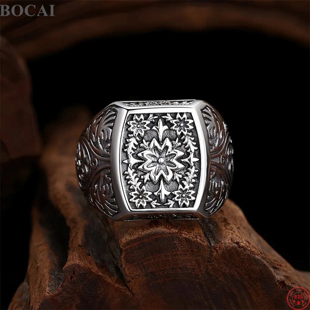 BOCAI New S925 Sterling Silver Charms Rings for Men Antique Eternal Rattan Flowers Pattern Adjustable Fine Choice Jewelry