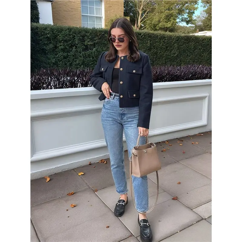 ABRT-Womens Cropped Blazer Jacket Collarless Button Down Business Casual Fall Outfits Winter Coats