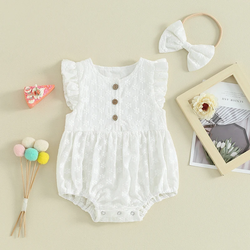 

Summer New Infant Toddler Newborn Baby Girls Flower Fly Sleeve Lace Romper Sunsuit Jumpsuit Headband Casual Clothes