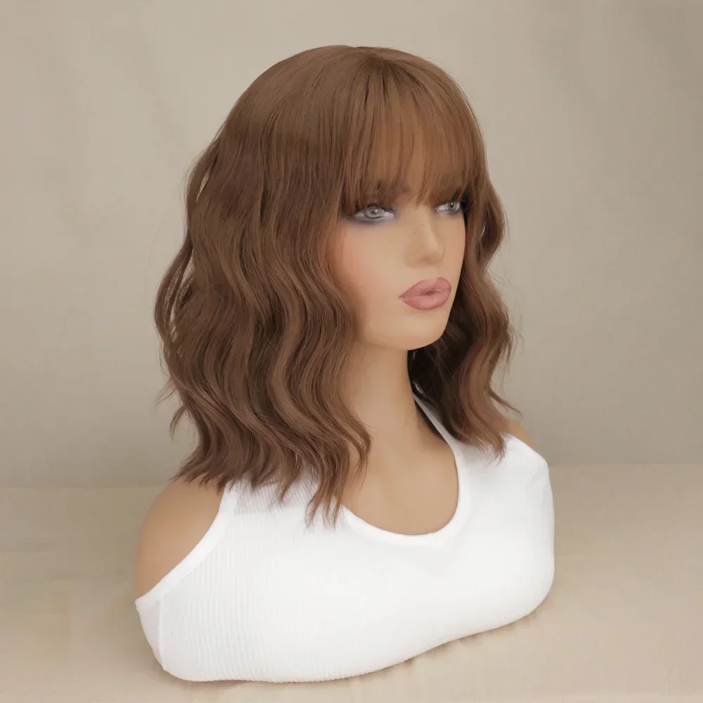 

ПРИХОДНЫЕ W вьющиеся коричневые синтетические парики Боб с челкой, парики Лолиты для косплея для женщин, натуральные волосы для косплея, термостойкие