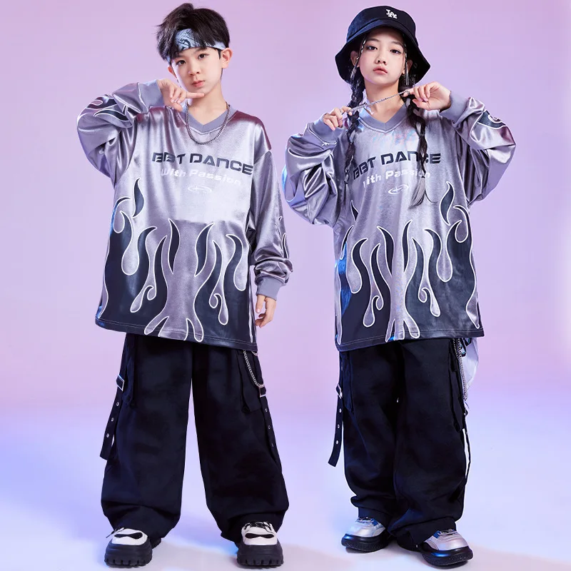 Kid Hip Hop Clothing Silver Gray Flame Sweatshirt Black Casual Tie Dye Cargo Pants for Girl Boy Jazz Dance Wear Costumes Clothes