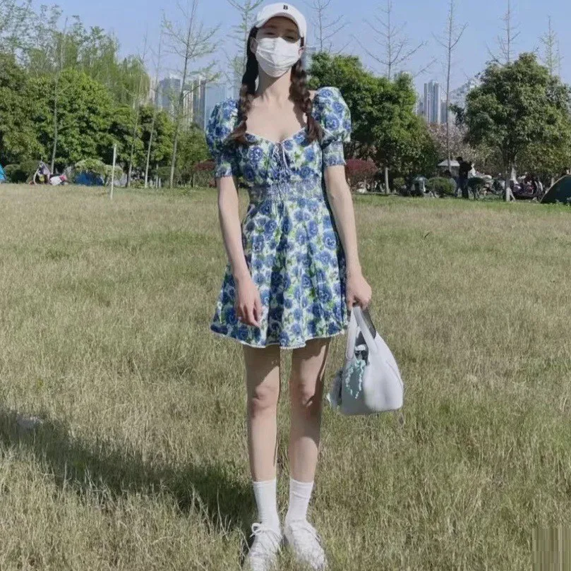 Sweet Sle Broderie florale ort Dr Col carré Puffy Sve Taille cintrée A-Line Dr pour les femmes petites