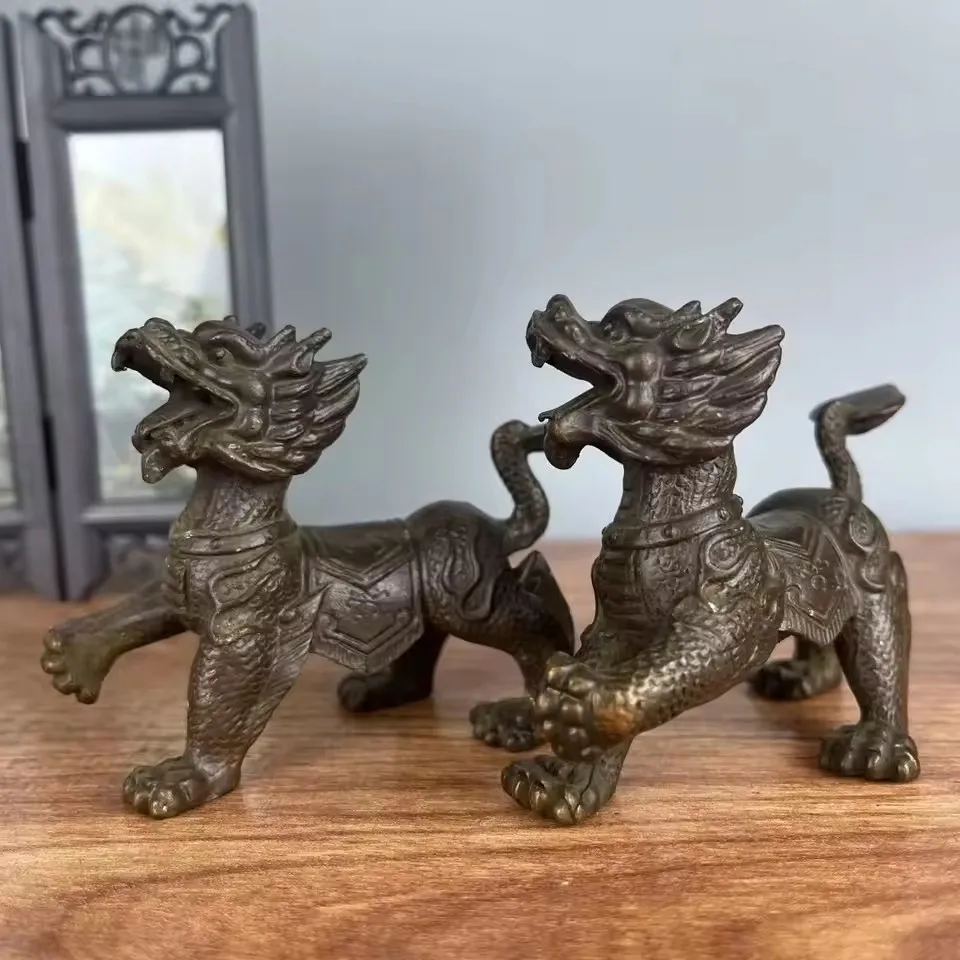 Antique Qilin Statues Vintage Auspicious Mythical Beasts Kylin Figurine Desktop Feng Shui Collectible Decor
