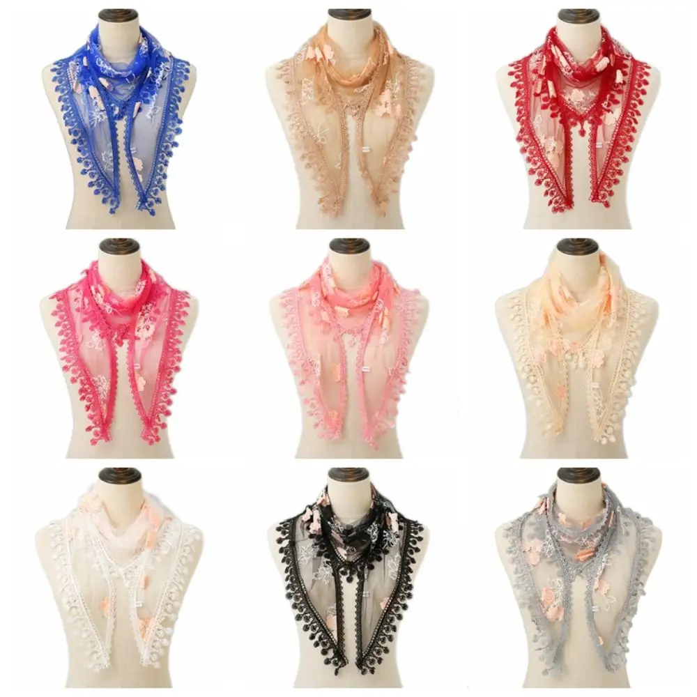 

Fashion Polyester fibre Women Scarf Lace Breathable Tassel Triangle Shawl Embroidered Veils Spring Summer
