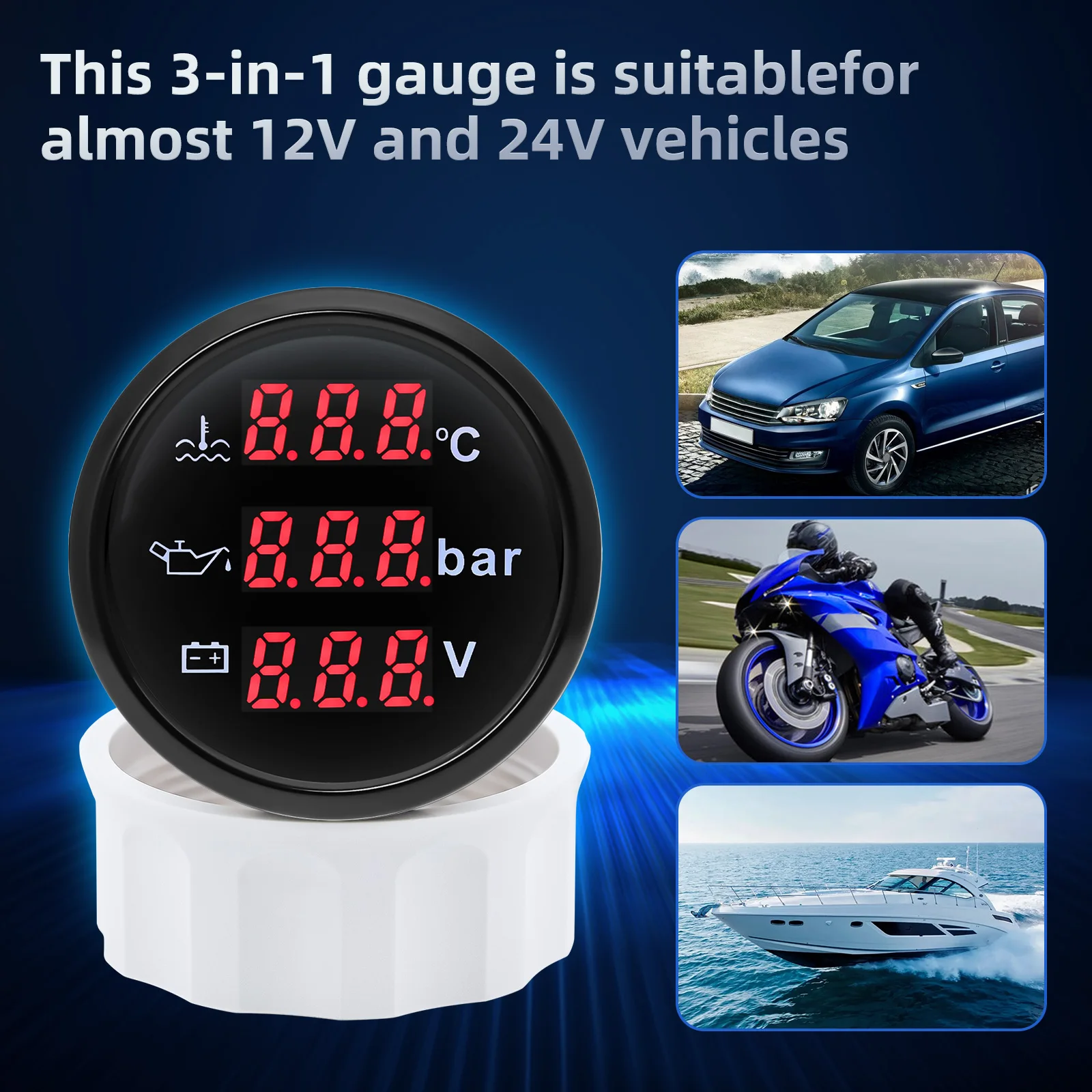 3-in-1 Digitalanzeige 52mm + Temperatursensor + Drucksensor 0~120 ℃ Wassertemperaturmesser + Öldruckmesser + Spannungsmesser mit Alarm – Detail 11