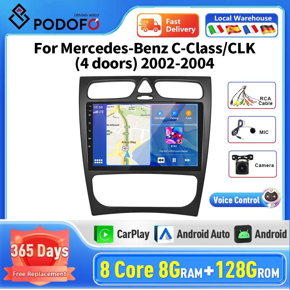 Podofo Android Carplay Car Radio For Mercedes-Benz C-Class/CLK(4 doors)2002-2004 Multimedia Player 2 Din GPS Navigation Stereo